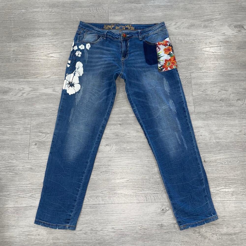 Desigual Exotic Floral Embroidered Jeans Women’s Size 34 Blue Denim Y2K Artsy